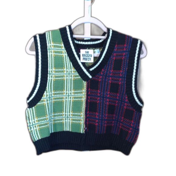 Y2K The Ragged Priest Tartan Plaid Cropped Red Green Sweater Vest M - Picture 1 of 10